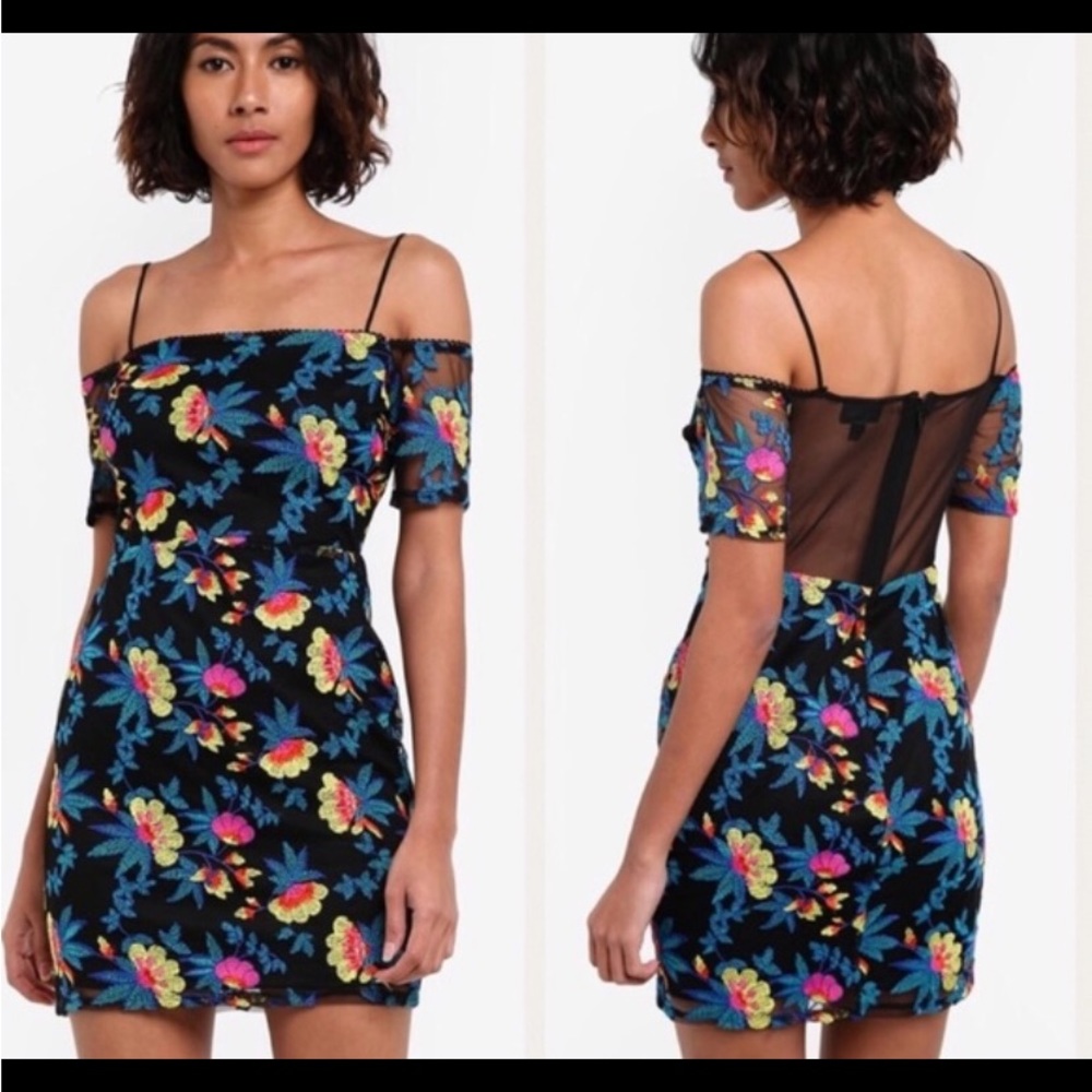 Topshop Cold Shoulder Floral Embroidered Bardot Dress